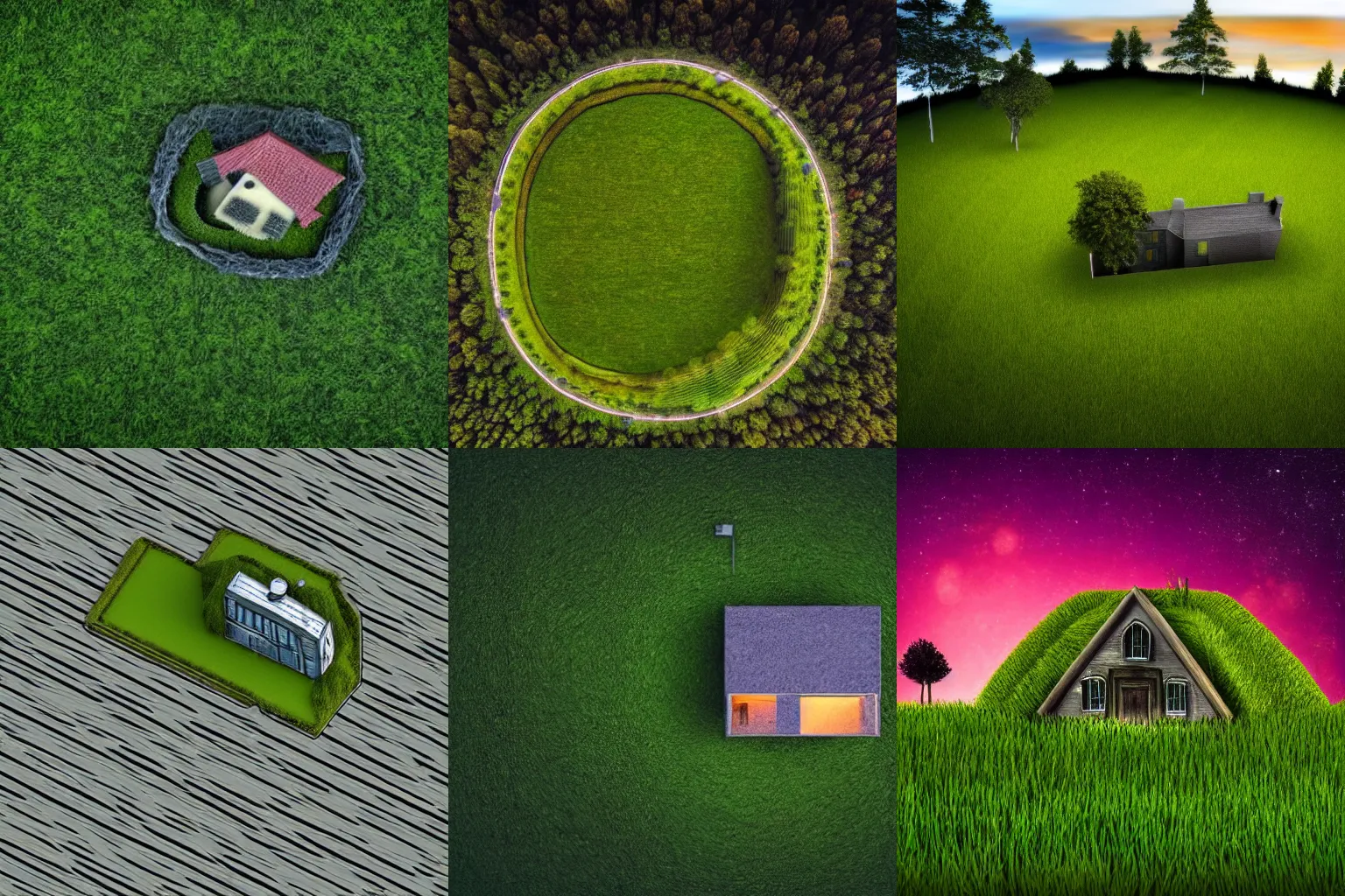 Prompt: mysterious grassy landscape with a singular house at night, horror, hyperdetailed, top view, forest in the background