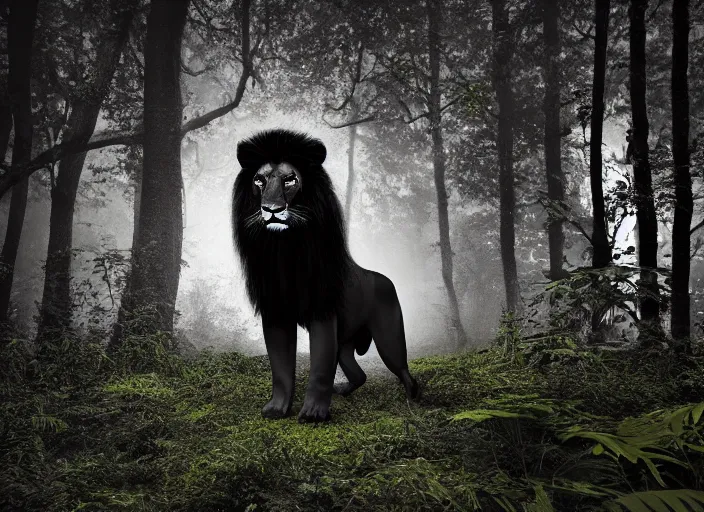 Image similar to professional wildlife photograph of a black lion standing in a foggy misty black dark jungle at night, surrounded by dense dark trees at night, moss, ferns, cinematic lighting, apex predator, natgeo