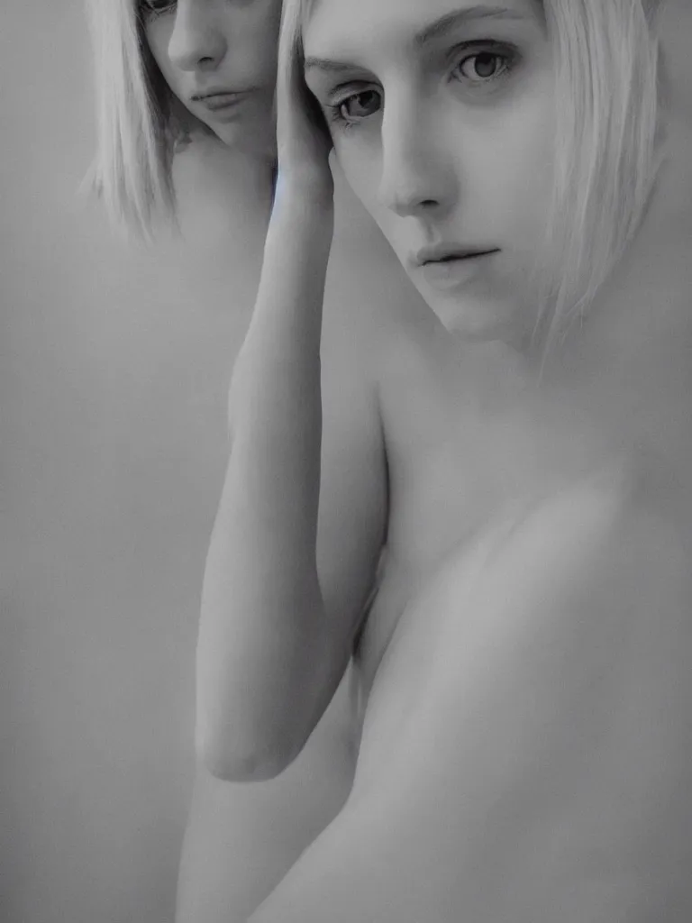 Image similar to cute annie leonhart in a white room, beautiful face, pale skin, rule of thirds, cinematic lighting, rainy weather, melancholy atmosphere, sharp focus, backlit, stunning, model agency, smooth, hard focus, full body shot, instagram photo, shot on iphone 1 3 pro max, hyper realistic,