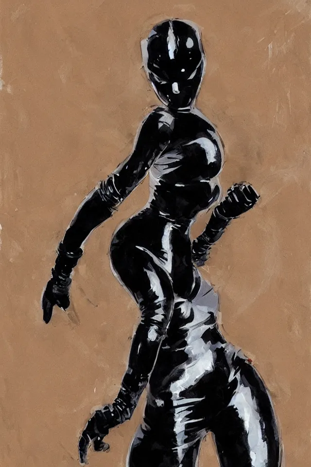 Image similar to painting of one ninja woman in a black latex suit by ashley wood