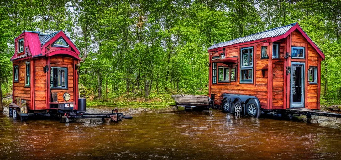 Image similar to tiny house, river, steampunk, 8k, realistic, high definition, 10 bit colour, hdr