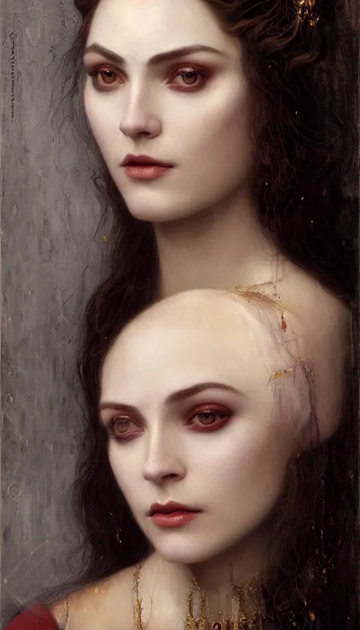 Prompt: Masterpiece painting of beautiful vampire princess close-up portrait by Donato Giancola and Tom Bagshaw, face by Artgerm and Edmund Leighton, golden ratio, trending on cgsociety, intricate, majestic, dark epic fantasy, trending on artstation, by H.R. Giger, background by James Jean and Gustav Klimt, 8k, volumetric Lighting, Hokusai, trending on pixiv