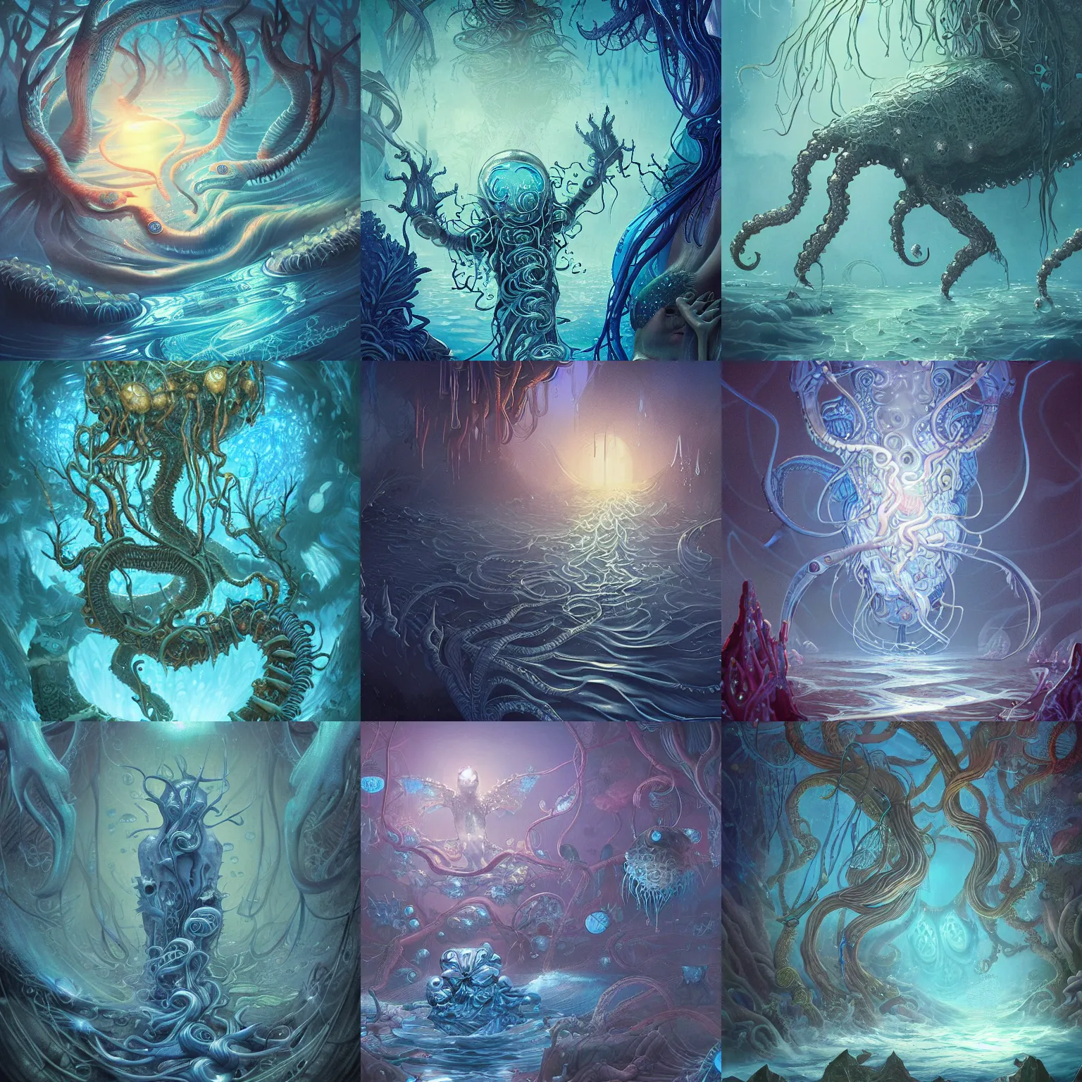 Prompt: closeup fantasy with water magic, at gentle dawn blue light, poster art by james jean, concept art, behance contest winner, very detailed, award - winning. lovecraftian, cosmic horror, bioluminescence