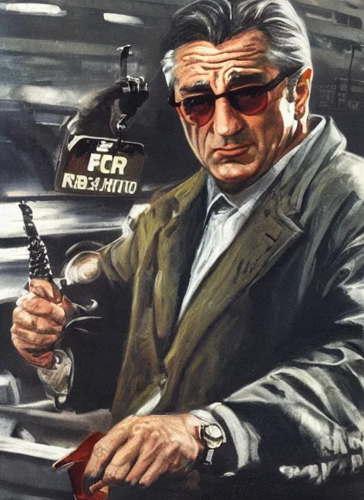 Image similar to painting of robert de niro in character as jack walsh in the movie midnight run, turning and flashing FBI badge, by Frank McCarthy