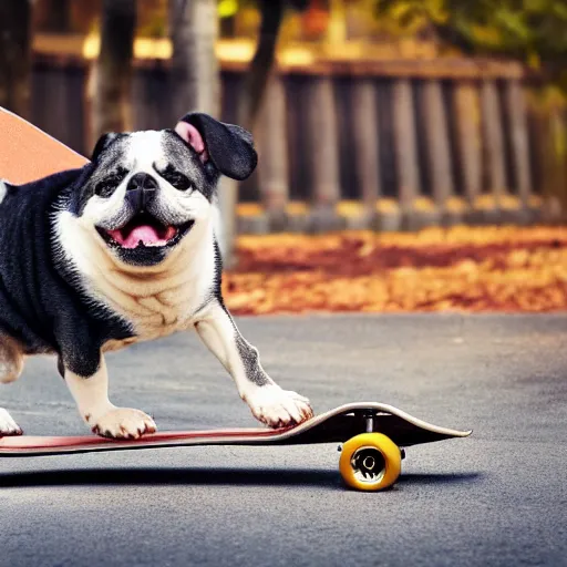 Prompt: morbidly obese dog riding a skateboard, photograph, 4 k