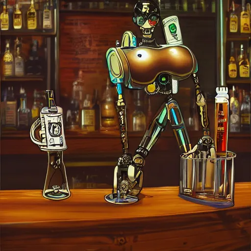 Prompt: a steampunk cyberpunk robot is at the bar and orders a drink from a bartender TY beanie baby puppy (fluffy), cgsociety, old master.