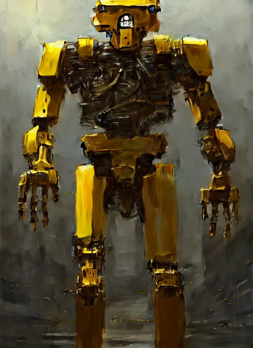 Prompt: human-sized strong intricate yellow pit droid, pancake flattened head, exposed metal bones, painterly humanoid mecha, full body, sharp focus, by Greg Rutkowski
