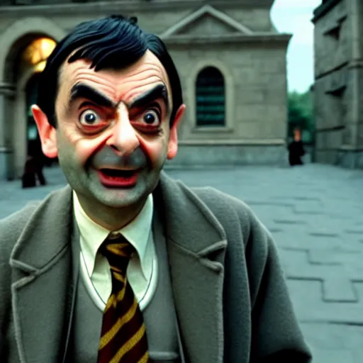 Image similar to mr. bean as harry potter. movie still. cinematic lighting.