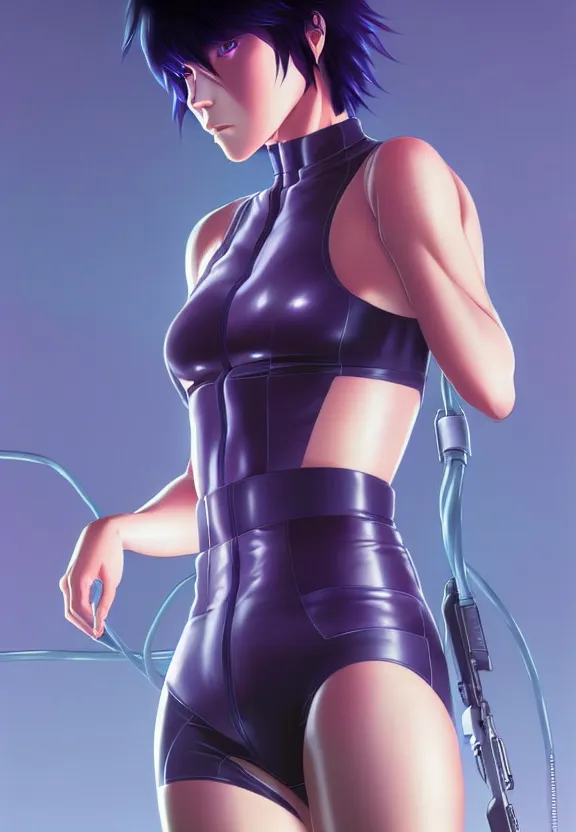 Image similar to a fullbody portrait of motoko kusanagi the major ghost in the shell : : connected to cables, under repairs, maintenance area, technicians : : by ilya kuvshinov, rossdraws, artgerm, sola digital arts, anti aliasing, raytracing : :