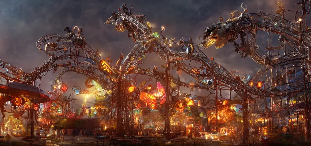 Image similar to synthesizer music themed amusement park, trending on artstation, dramatic lighting, octane render, weta digital, micro details, 3 d sculpture, structure, ray trace, insane details, intricate, elite, ornate, elegant