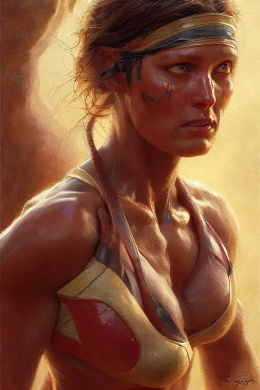 Image similar to muscular sweat spiderwoman,, exhausted face close up, highly detailed painting by gaston bussiere, craig mullins, j. c. leyendecker 8 k