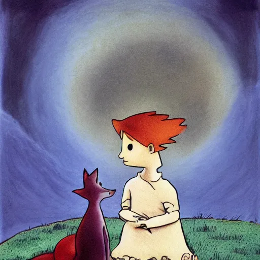 Image similar to the little prince talking to the fox, tim burton art