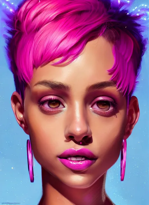 Image similar to portrait of vanessa morgan with bright pink hair, curly pixie cut hair, wearing a purple breton cap, breton cap, hoop earrings, intricate, elegant, glowing lights, highly detailed, digital painting, artstation, concept art, smooth, sharp focus, illustration, art by wlop, mars ravelo and greg rutkowski