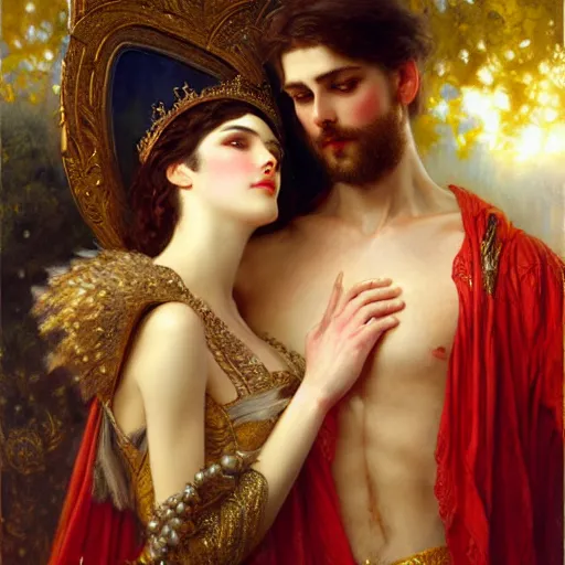 Image similar to attractive fully clothed king confesses his love for his attractive fully clothed male prince consort. highly detailed painting by gaston bussiere, tom bagshaw, j. c. leyendecker