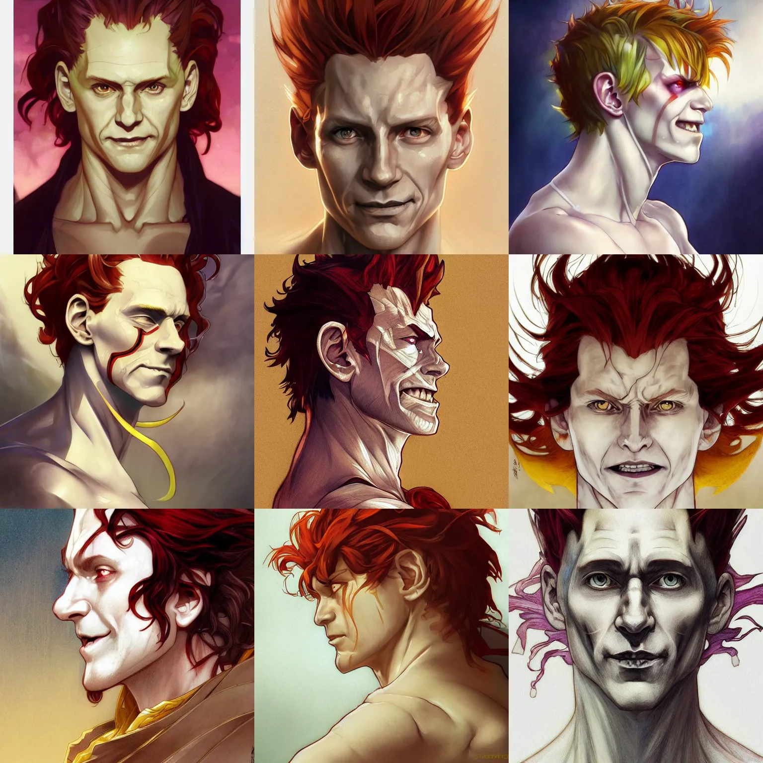 Prompt: hisoka, tom hiddleston, cel - shaded art by artgerm and greg rutkowski and alphonse mucha, snowy white skin, smirking face, reddish hair, yellow eyes, d & d, fantasy, portrait, highly detailed, side profile, digital painting, trending on artstation, concept art, sharp focus, illustration