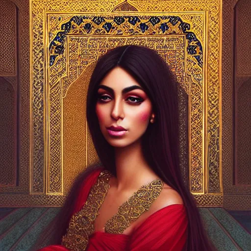 Image similar to Beautiful portrait of a Persian Princess who is an architect, beautiful princess, face painting, architecture, persian style architecture, beautiful body, attractive, babe, dramatic lighting, intricate, wild, highly detailed, digital painting, artstation, concept art, smooth, sharp focus, illustration, black+velvet+red+Turquoise, dark, art by artgerm and greg rutkowski and alphonse mucha, footage from space camera