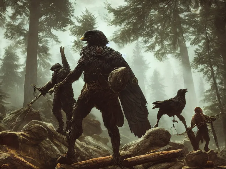 Prompt: Heroic Woodsmen treading forest with their Companion Raven, RPG Landscape, Oil Painting, Trending on Artstation, octane render, Insanely Detailed, 8k, HD