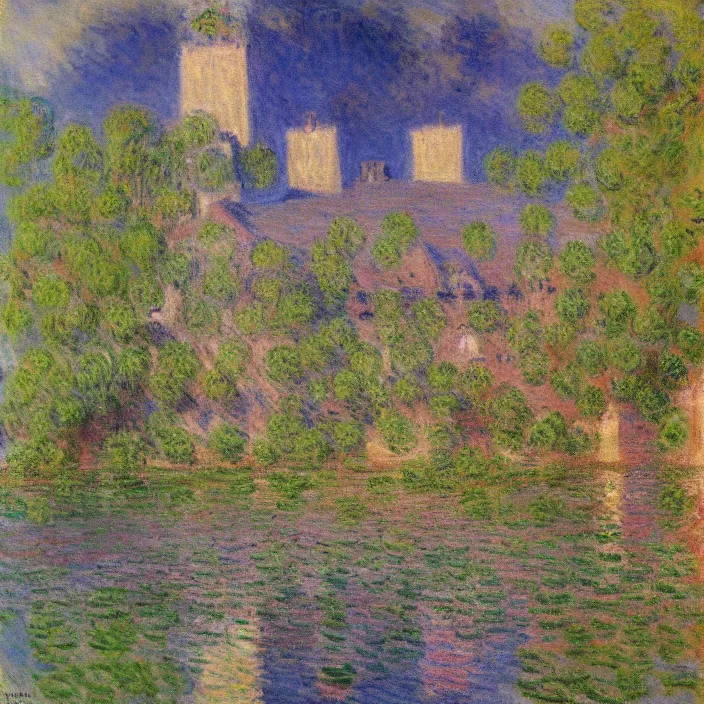 Image similar to a building in a serene landscape, by claude monet