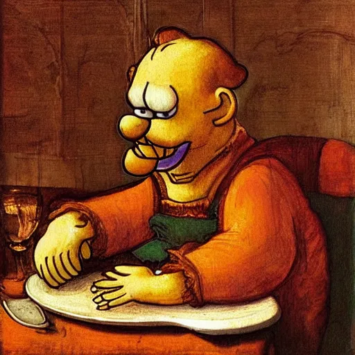 Image similar to garfield eating lasagna by leonardo davinci