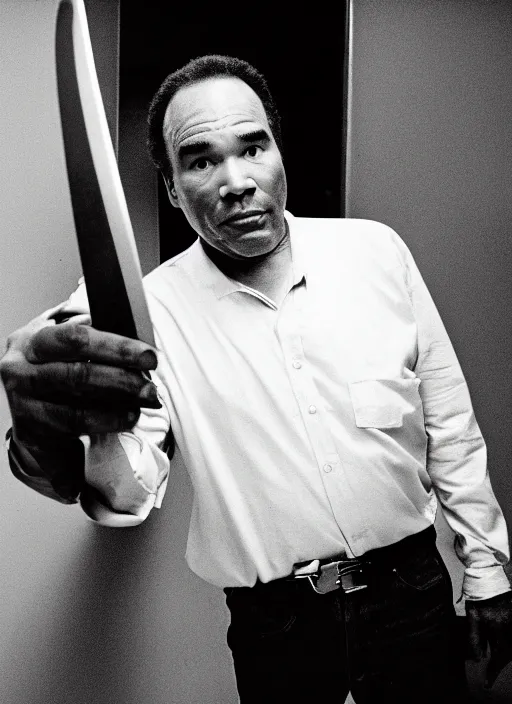 Image similar to norm macdonald running from oj simpson who is carrying a knife, canon 5 d, fuji 8 0 0 3 5 mm, 5 0 mm lens