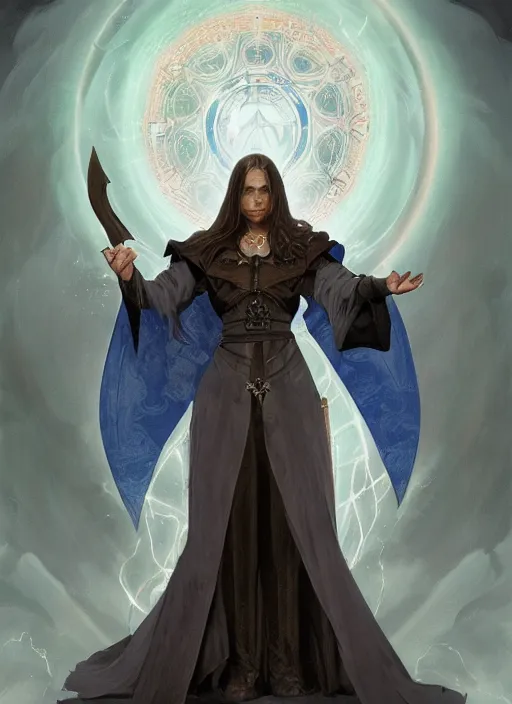 Image similar to medium - length portrait of a wizard, arcane sigils hovering over her hands, with long white hair and glowing blue eyes, dark brown skin, stern expression, wears a long robe, medieval setting, dramatic pose, highly detailed, digital painting, artstation, concept art, sharp focus, illustration, art by greg rutkowski and alphonse mucha