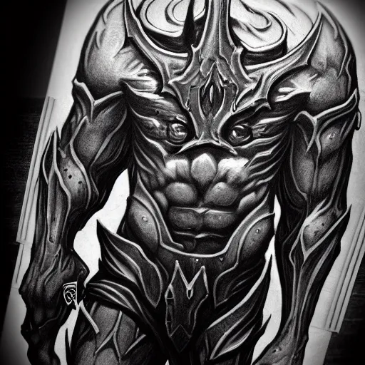 Prompt: detailed demon diablo by blizzard in a heroic pose, full body, greyscale tattoo