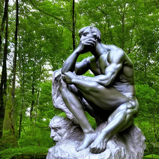 Image similar to The thinker sculpture by auguste rodin in the style of William Bartram mushrooms at the base , placed in a lush forest