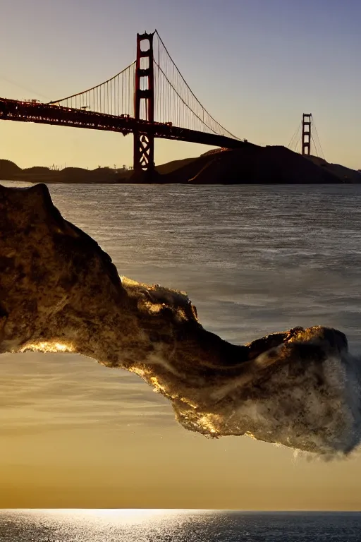 Image similar to a space ship emerging from beneath the San Francisco Bay, Golden Gate Bridge in background