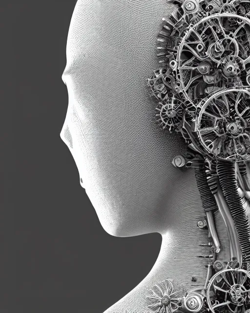 Image similar to mythical dreamy black and white organic bio-mechanical spinal ribbed profile face portrait detail of mechanical beautiful female angelic-vegetal-cyborg, highly detailed, intricate steampunk ornate, poetic, 3D render, digital art, octane render, 8K artistic photography, photo-realistic, by Dora Maar