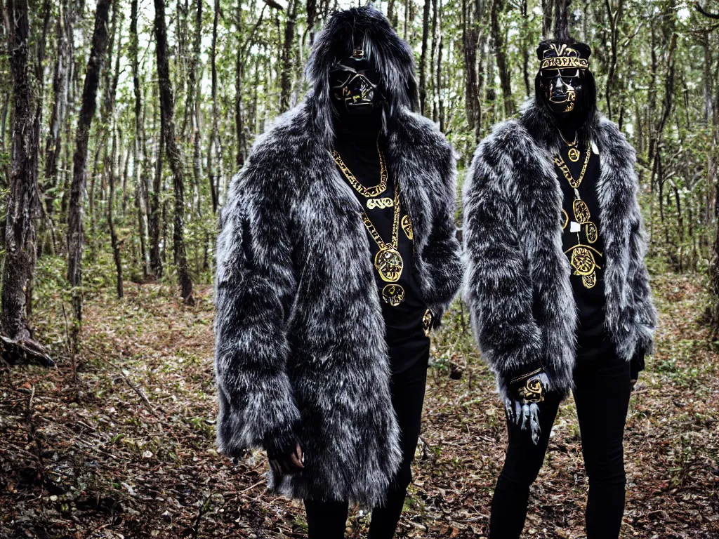 Prompt: versace avant garde oversized jacket arctic fur silver bear necklace textiles streetwear cyberpunk indigenous commanche descendant in the woods overcast late evening dramatic professional color 8 k hdr