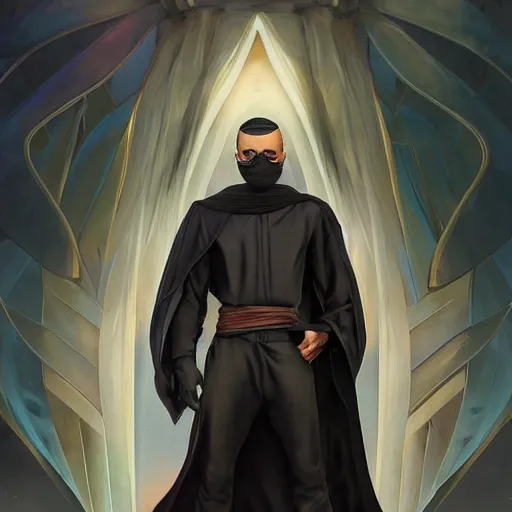 Image similar to character concept, wide angle, full body, symmetrical head - on centralized, young arabic man with dark ninja clothes. detailed, high quality, dynamic lightning, fantasy, scenematic. artwork by artgerm, wlop, alex ross, greg rutknowski, alphonse mucha