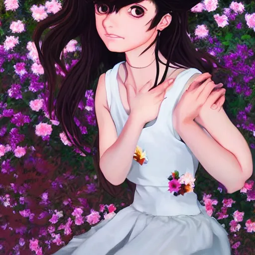 Image similar to little brown girl with flowers in hair wearing an white dress. art by ilya kuvshinov, profile picture, inspired in hirohiko araki, realistic, highly detailed, 8 0 s anime art style, vogue cover