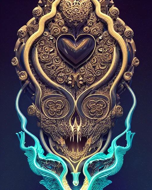 Image similar to 3 d ornate carved water heart, sigma 5 0 0 mm f / 5. beautiful intricate highly detailed quetzalcoatl skull. bioluminescent, plasma, lava, ice, water, wind, creature, thunderstorm! artwork by tooth wu and wlop and beeple and greg rutkowski, 8 k trending on artstation