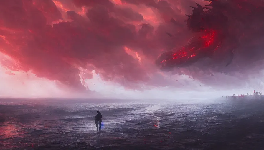 Prompt: bloody river in hell, by greg rutkowski, people walking into the horizon, red river, dragon flying in sky, thunderstorm, trending on artstation