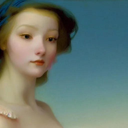 Prompt: young woman's face, her hair is white and she wears a cobalt blue duchesse satin cloak, by moebius and syd mead and roger dean and gaston bussiere and ivan aivazovsky and aelbert cuyp and willem claesz and pieter claesz and paul delaroche and alma tadema, hyperrealistic, volumetric light, octane