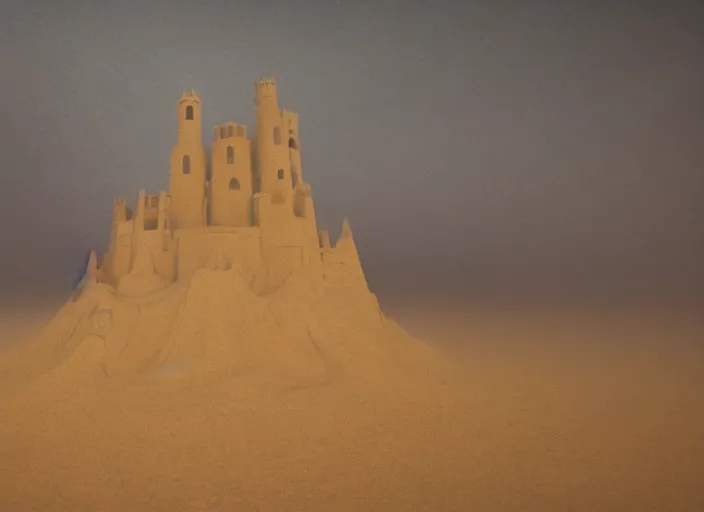 Prompt: a sand castle in a foggy desert, by jean delville and sophie anderson and mandy jurgens, moody atmosphere, cinematic atmospheric, cinematic lighting, golden ratio, perfect composition, elegant, no crop, extremely detailed, 4 k, hd, sharp focus, masterpiece, trending on artstation