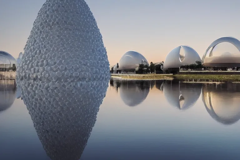 Image similar to it is a building formed by many white spherical egg shaped spaces arranged and combined together. on the calm lake surface, people's perspective modern curved architecture, future, award winning, highly detailed 4 k art, dusk, by kazuyo sejima