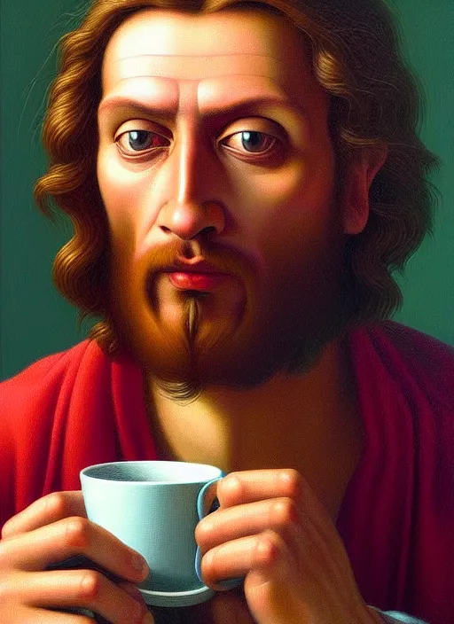 Image similar to hyper detailed 3d render like an Oil painting - Portrait of Jesus Christ drinking coffee by Jacek Yerka, Mariusz Lewandowski, Houdini algorithmic generative render, Abstract brush strokes, Masterpiece, Edward Hopper and James Gilleard, Zdzislaw Beksinski, Mark Ryden, Wolfgang Lettl, hints of Yayoi Kasuma, octane render, 8k