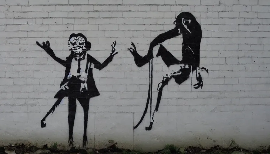 Image similar to Graffiti by Banksy of a monkey in a suit