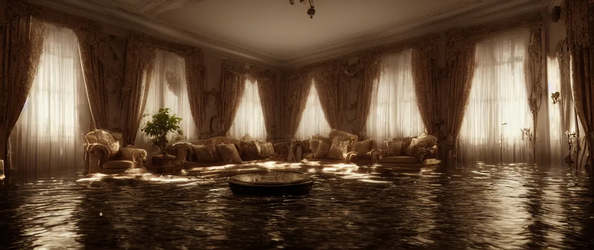 Image similar to decorative empty victorian livingroom flooded with water, octane render, 8k, artstation, concept art, smooth, sharp focus