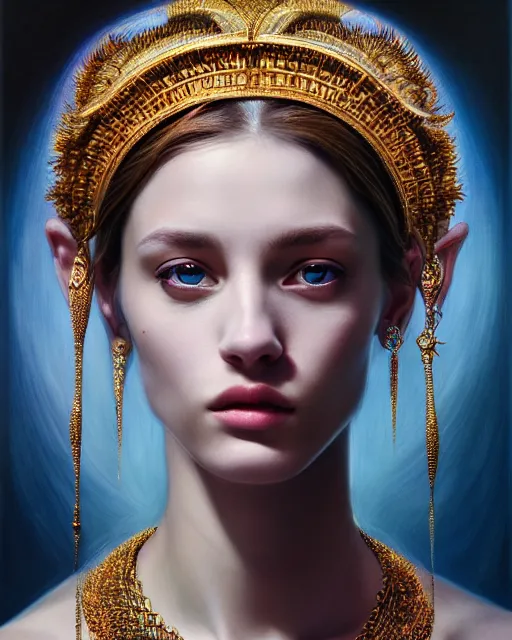 Image similar to portrait of a beautiful goddess, enigmatic beauty, head in focus, intricate, esoteric, elegant, highly detailed, hyperrealistic painting, concept art, painterly, sharp focus, art by