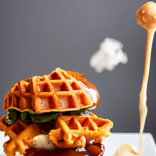 Image similar to photograph of a crispy Cajun fried chicken sandwich with Belgian Waffle Bun, maple syrup & hot fudge, ice cream on the side, 4K, HD