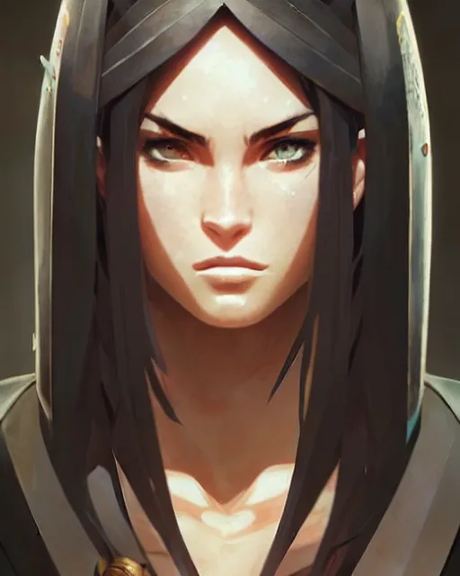 Image similar to azctec warrior, megan fox, detailed perfect face, exquisite details, fire magic, mid view, design on a white background, by studio muti, greg rutkowski makoto shinkai takashi takeuchi studio ghibli