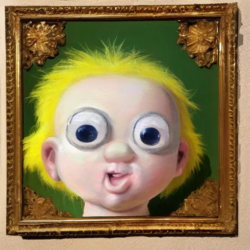 Image similar to impasto painting of a glowing kewpie doll that looks like Big Bird, painted in the style of Watteau with sad minion eyes