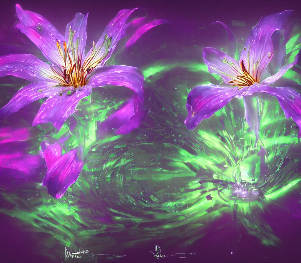 Prompt: detailed fantastic flower lily by artstation lucas parolin, dark night, neon lights, reflections ray, tracingstar trails, dramatic light, fluffy clouds, digital painting, igh detailed, 8 k render, perfect shape, hyperrealistic