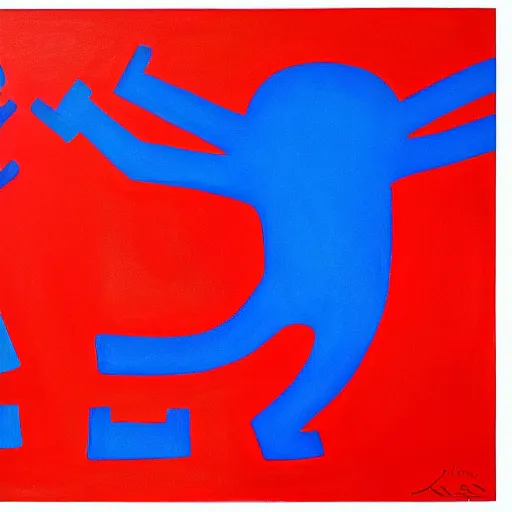 Prompt: acrylic abstract painting on canvas using primary red and blue, by keith haring