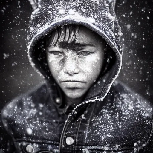 Image similar to an award winning National Geographic picture of a black Jackal wearing a denim Jacket in the snow by Lee Jeffries, 85mm ND 5, perfect lighting in a snow storm