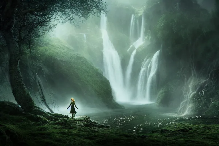 Prompt: an ultra realistic, cinematic, fantasy portrait, of an elden ring elf, fairy lights, facial features, background of a vast serene landscape, with trees and waterfalls, detailed, deep focus, movie still, dramatic lighting, ray tracing, by michal karcz and yoshitaka amano