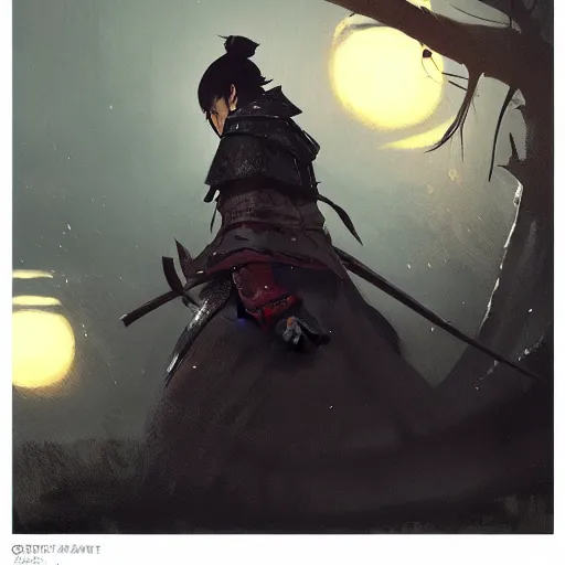 Image similar to a side view of a samurai,dramatic,night time,digital art,detailed,art by greg rutkowski,trensing on deviantart