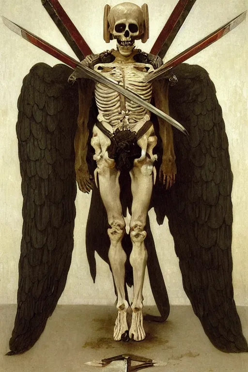 Image similar to portrait of a skeleton warrior with big sword, wearing helmets and armor with wings, symmetrical, solemn, sacred, aura, by bouguereau